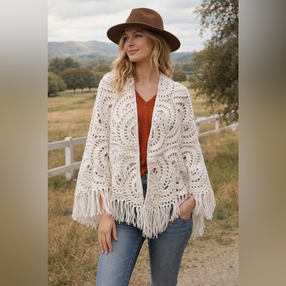 Handmade Sweaters - VTG Hand-Knit Crochet Fringe Cover Top Country Boho Shawl Poncho Festival Hippie